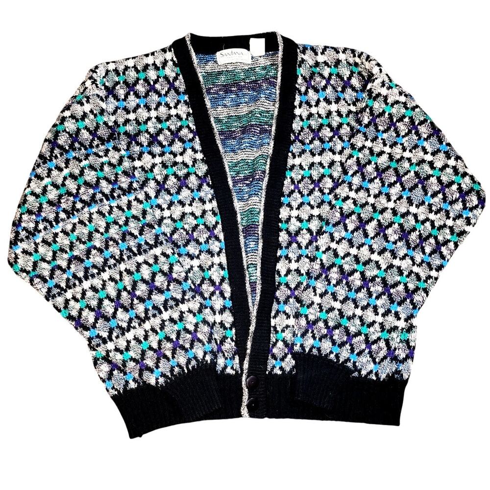 Santana Geometric Patterned Knit Cardigan Grandpa 90s Sweater l/xl